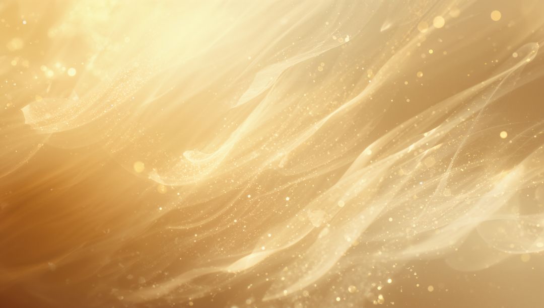 Glowing golden ribbons flowing across soft light gradient with sparkling bokeh particles