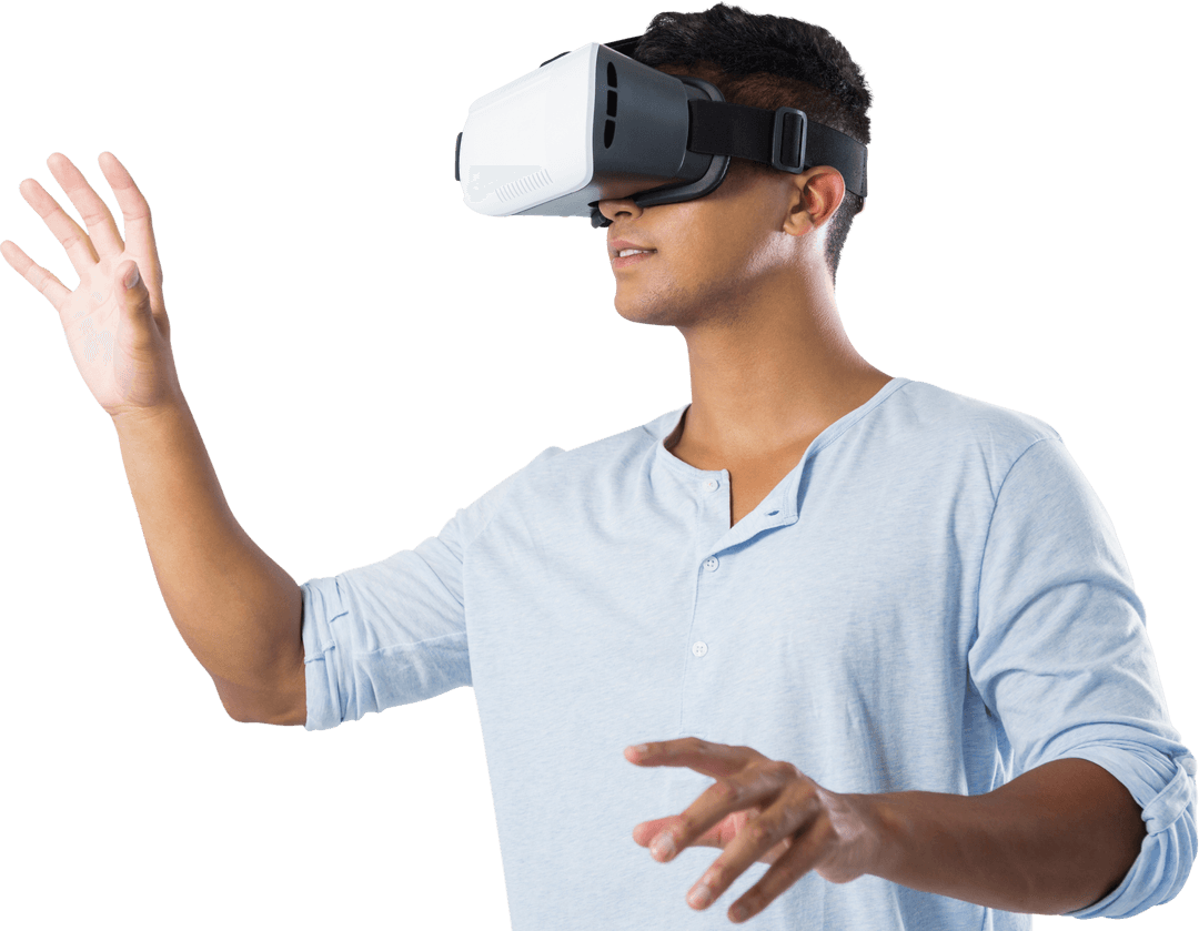 Man Experiencing Virtual Reality with Transparent Headset Overlay