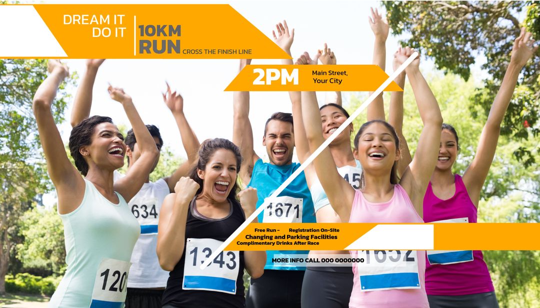 Diverse Runners Celebrating at Finish Line of 10K Run Event