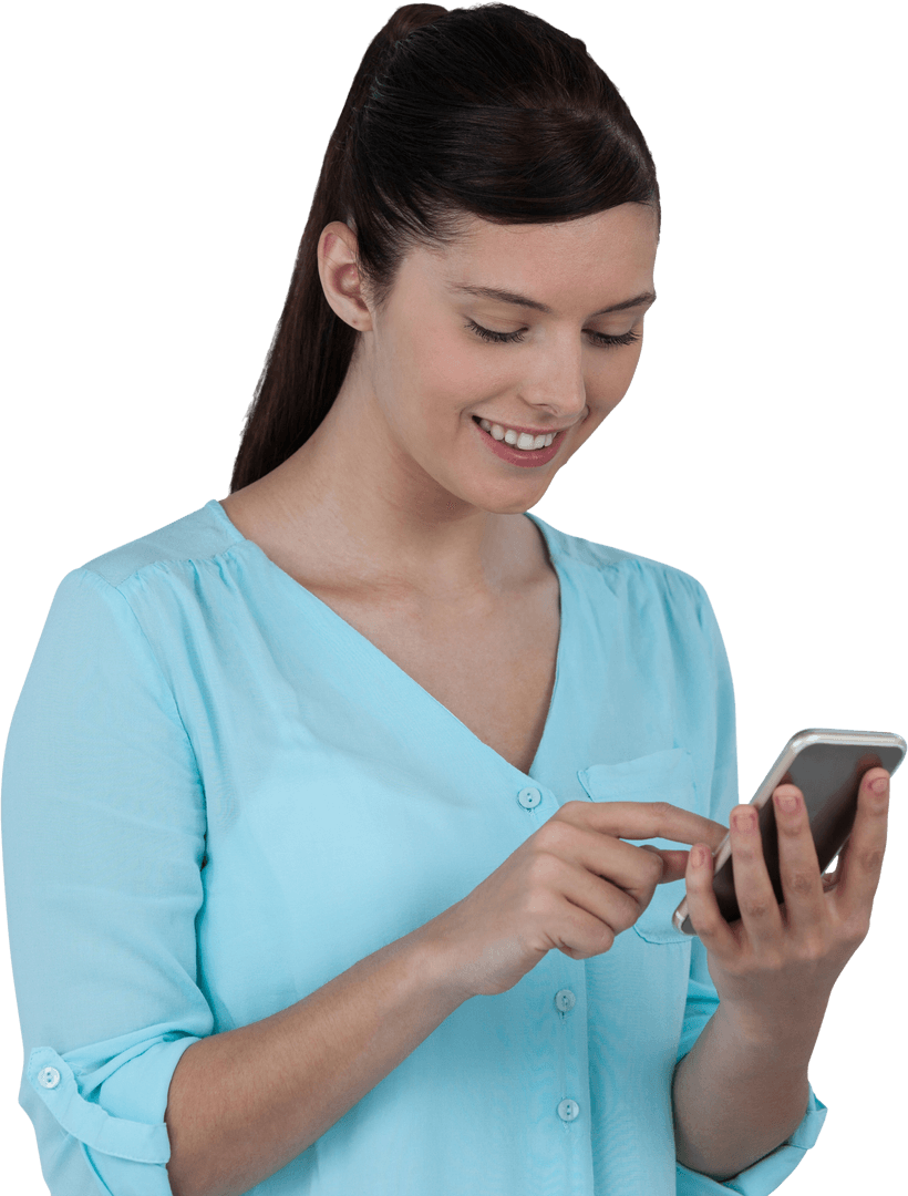 Smiling Woman in Blue Top Using Smartphone Transparent