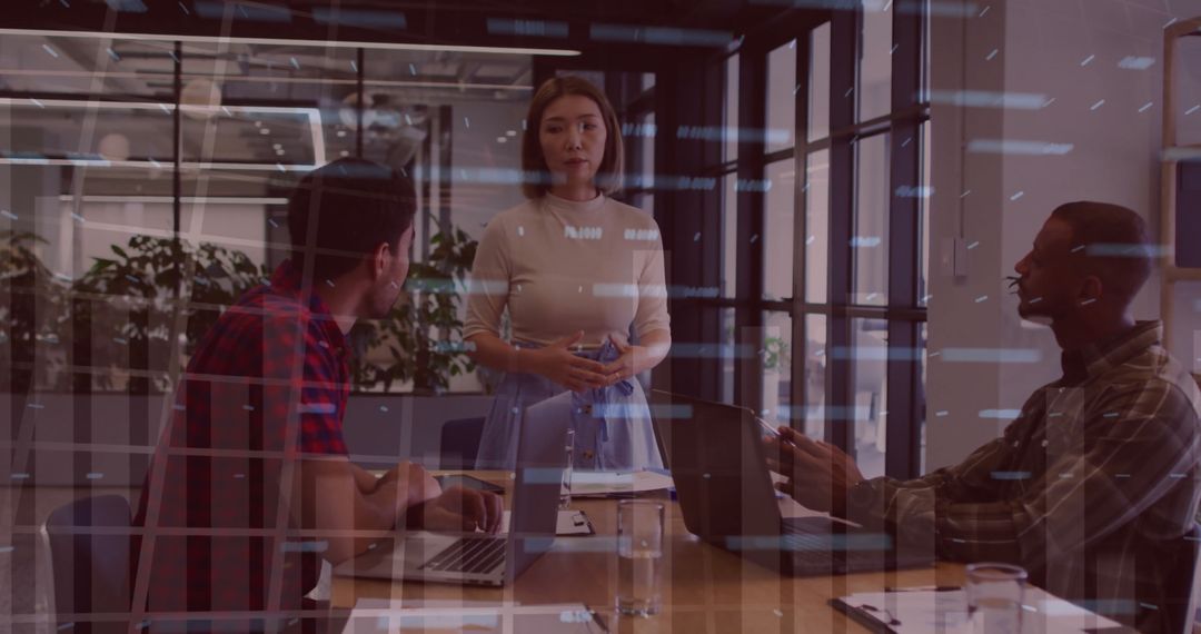 Team Meeting with Financial Data Visualization Overlay