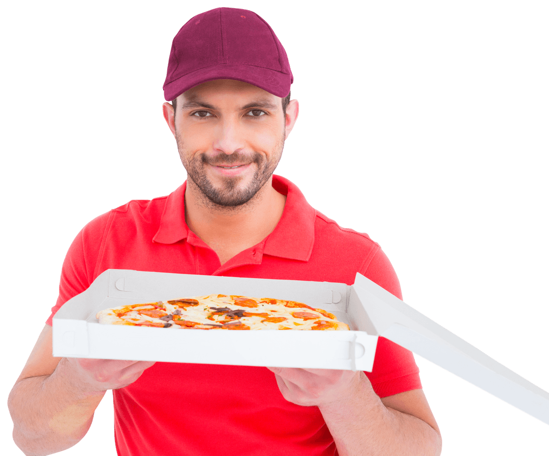 Cheerful Delivery Guy with Fresh Pizza Offers on Transparent Background