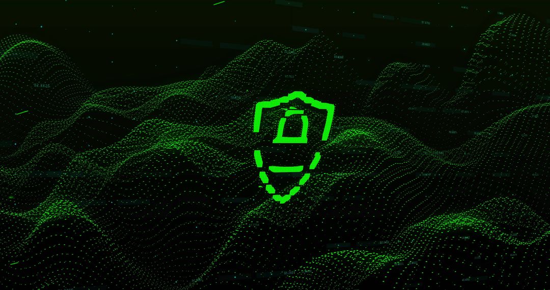 Neon Green Cyber Shield Over Digital Point-Cloud Terrain with Glowing Data Mesh
