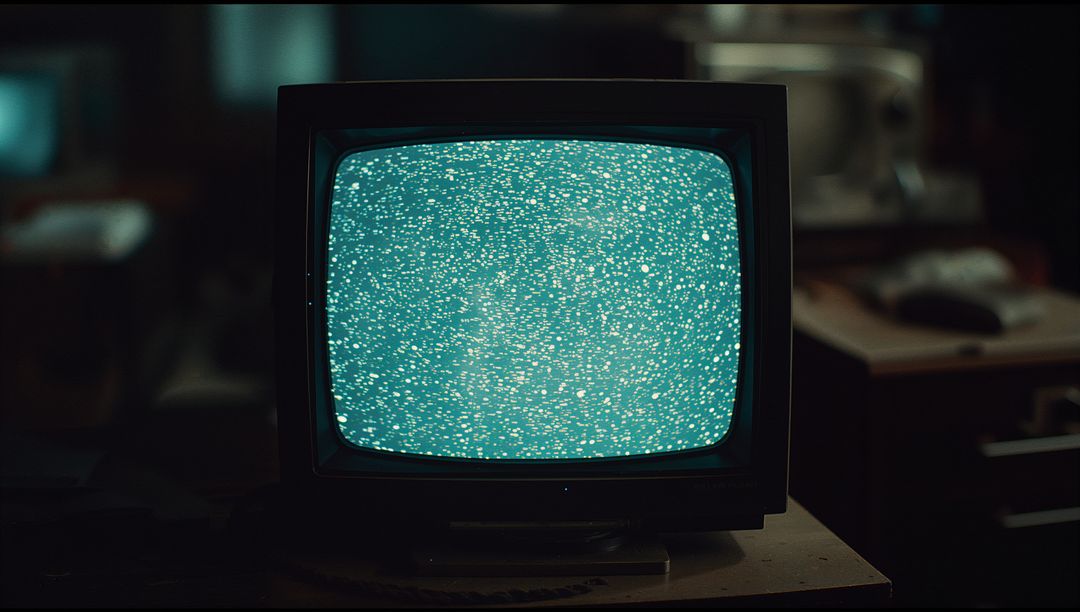 Retro CRT TV displaying teal static in moody dim room