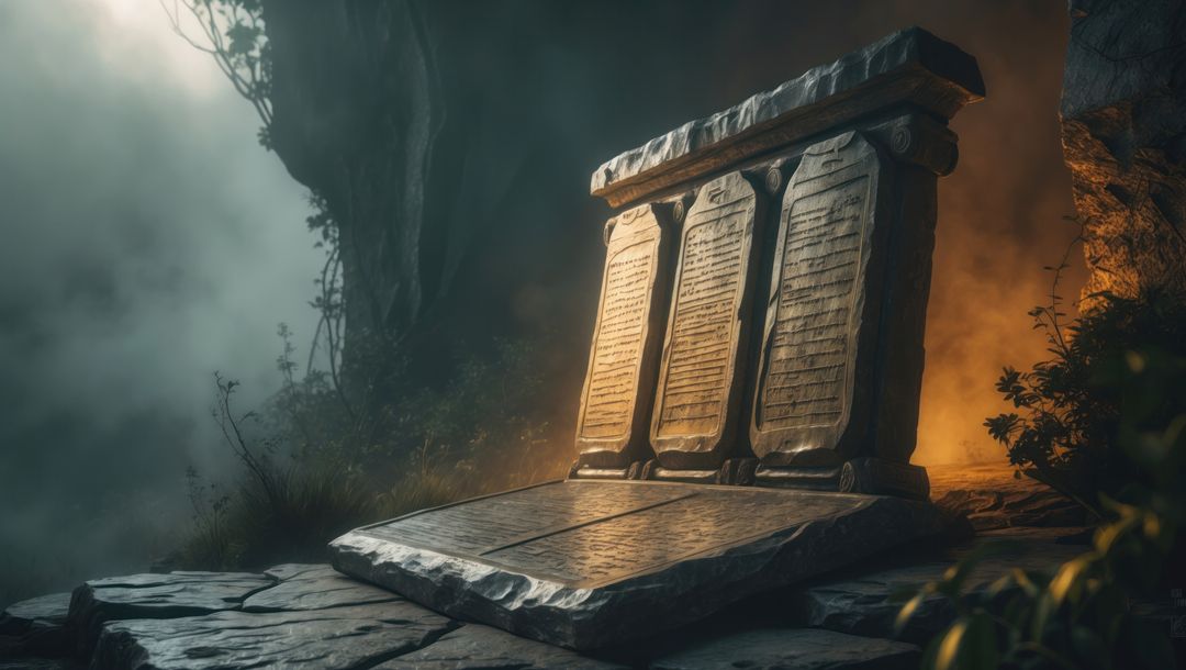 Ancient stone monument with inscribed tablets in misty landscape, ten commandments concept