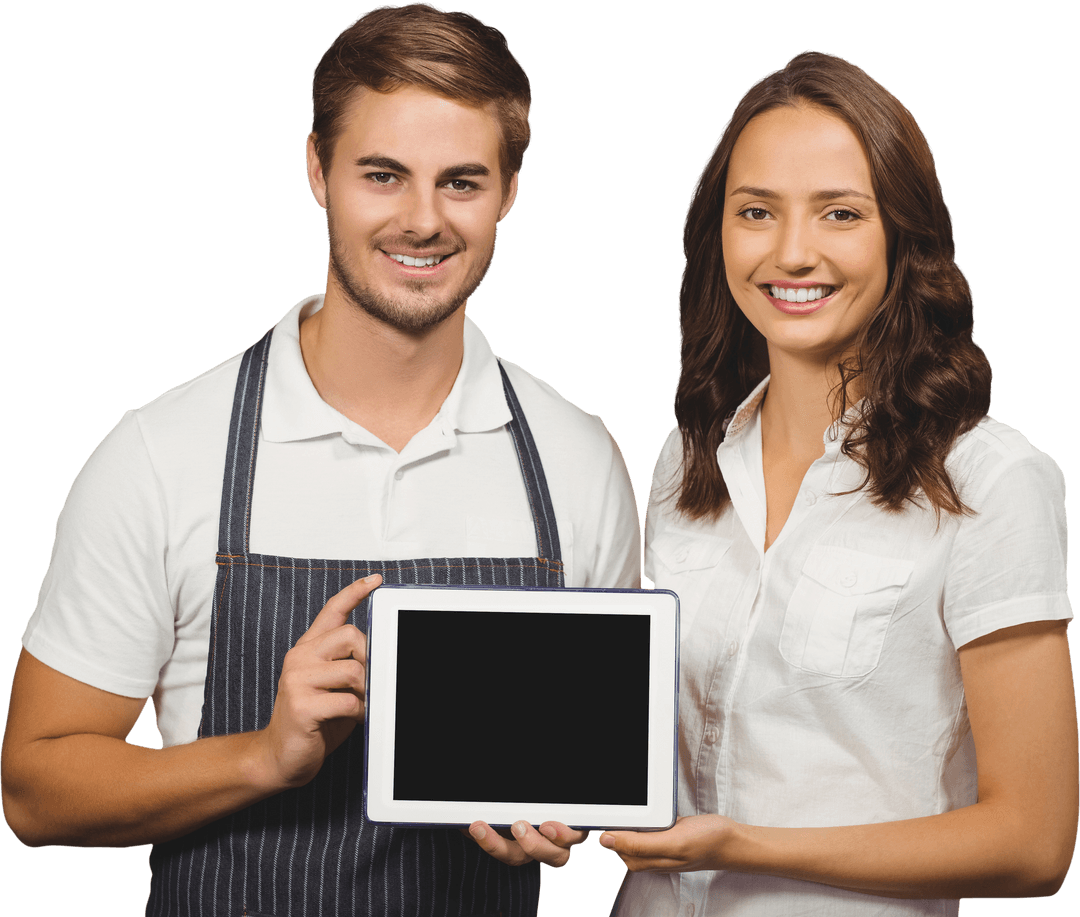 Transparent Portrait of Coworkers Displaying Digital Tablet