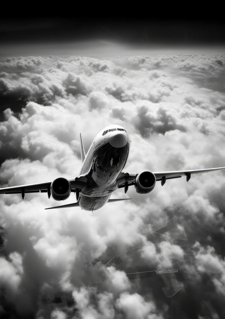 Commercial Airplane Flying Above Clouds in Black and White - Free Images, Stock Photos and Pictures on Pikwizard.com