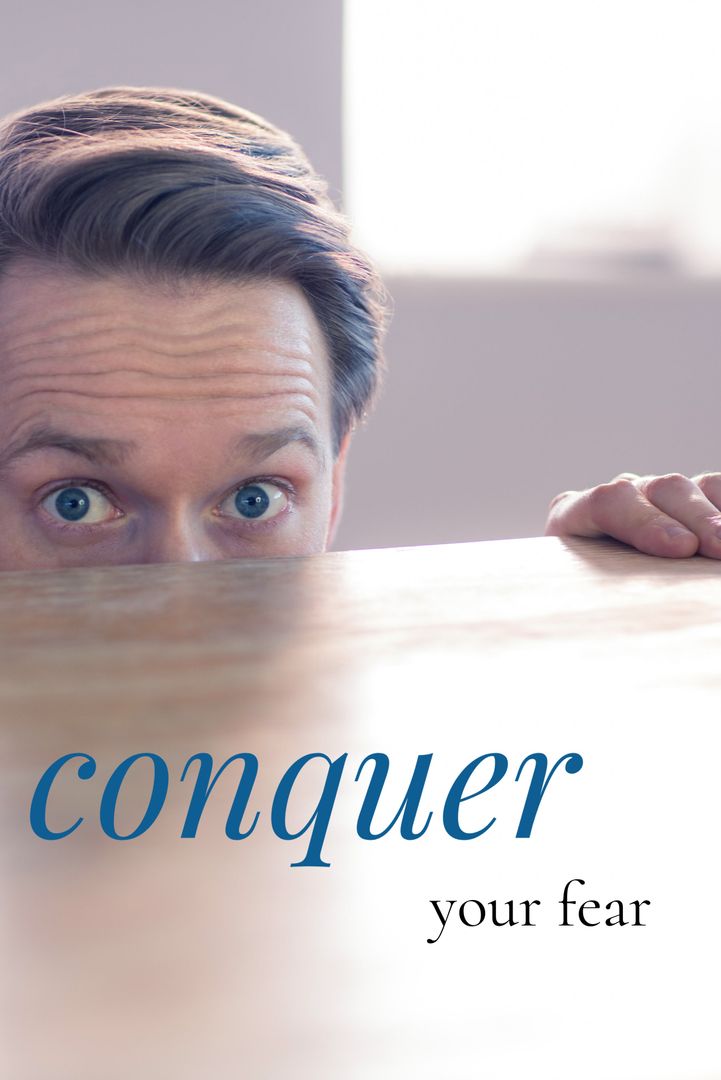 Nervous Man Peeking Above Edge with Motivational Text