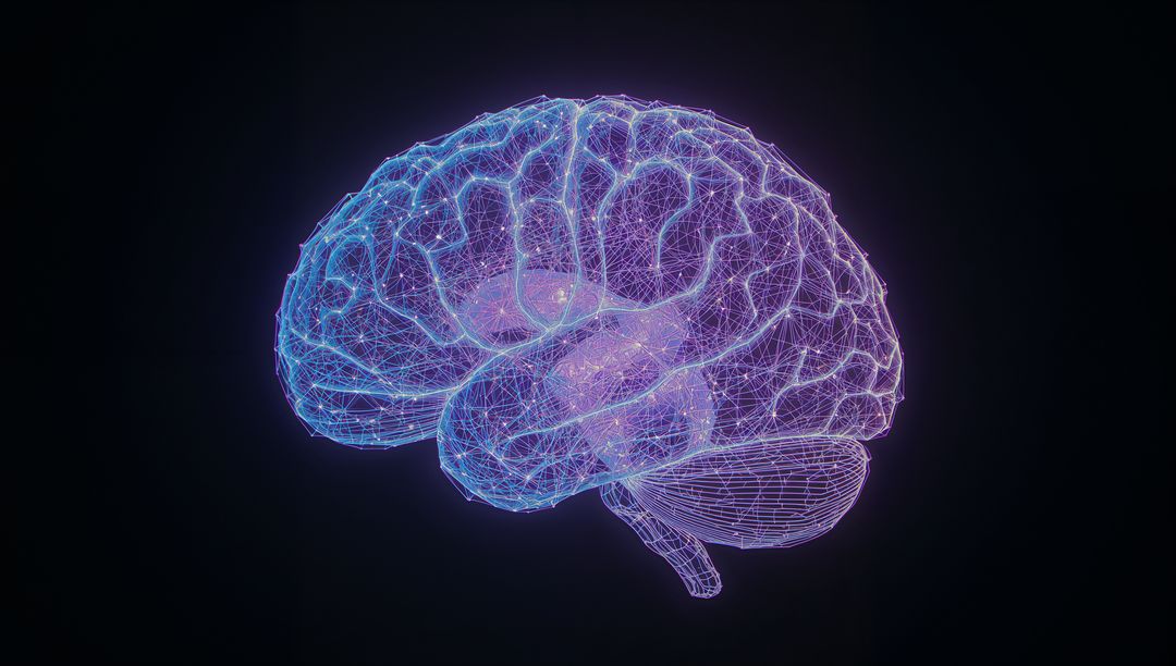 Futuristic Wireframe Brain with Neon Glowing Neural Connections