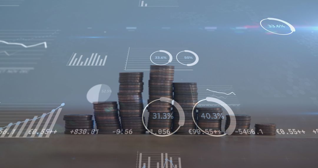 Stacked Coins With Financial Graphs and Data Overlay