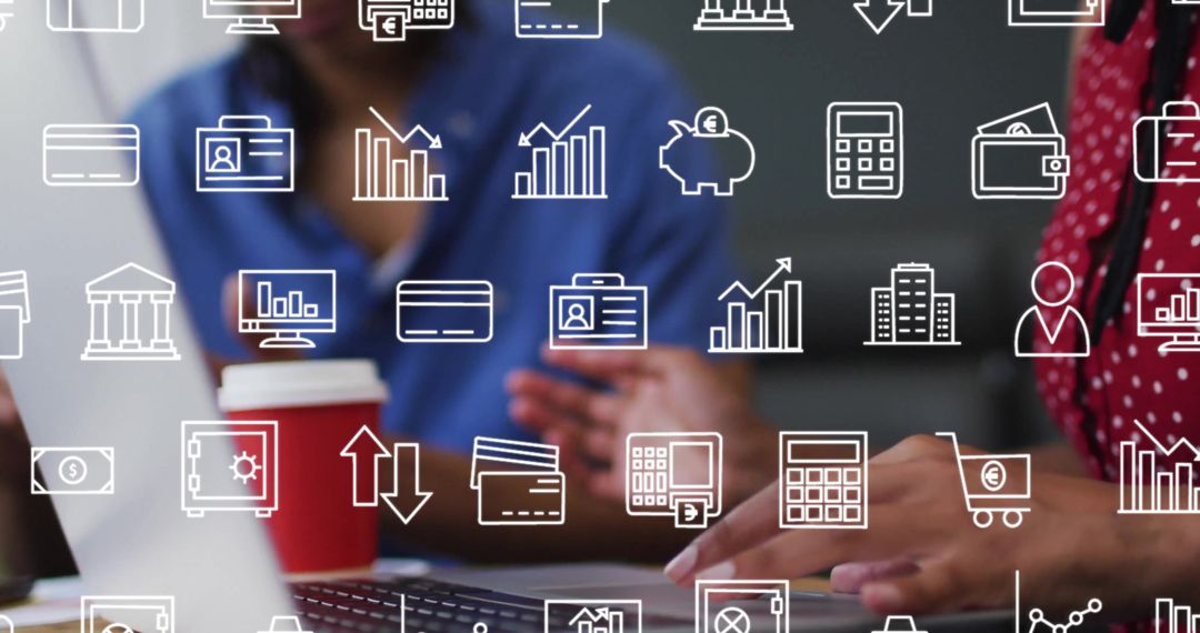 Business Icon Overlay On Colleagues Collaborating On Laptop