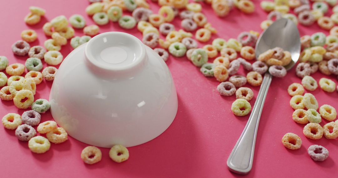 Colorful Cereal Spill with Bowl and Spoon on Pink Surface