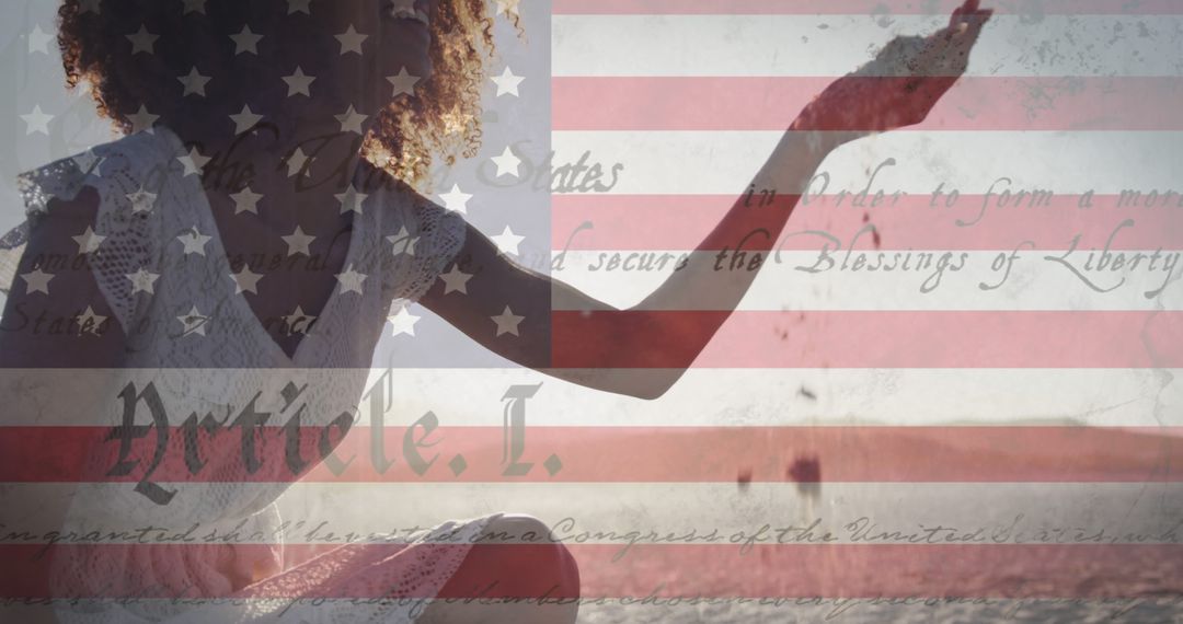 Constitution text over american flag against african american woman playing with sand at the beach - Free Images, Stock Photos and Pictures on Pikwizard.com