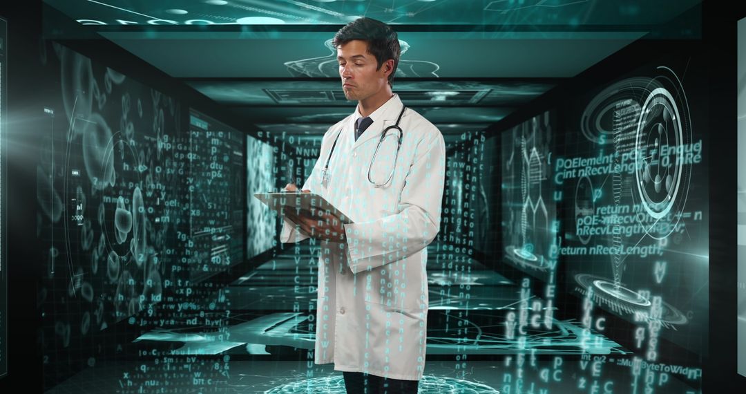 Doctor Analyzing Data in Futuristic Digital Healthcare Space