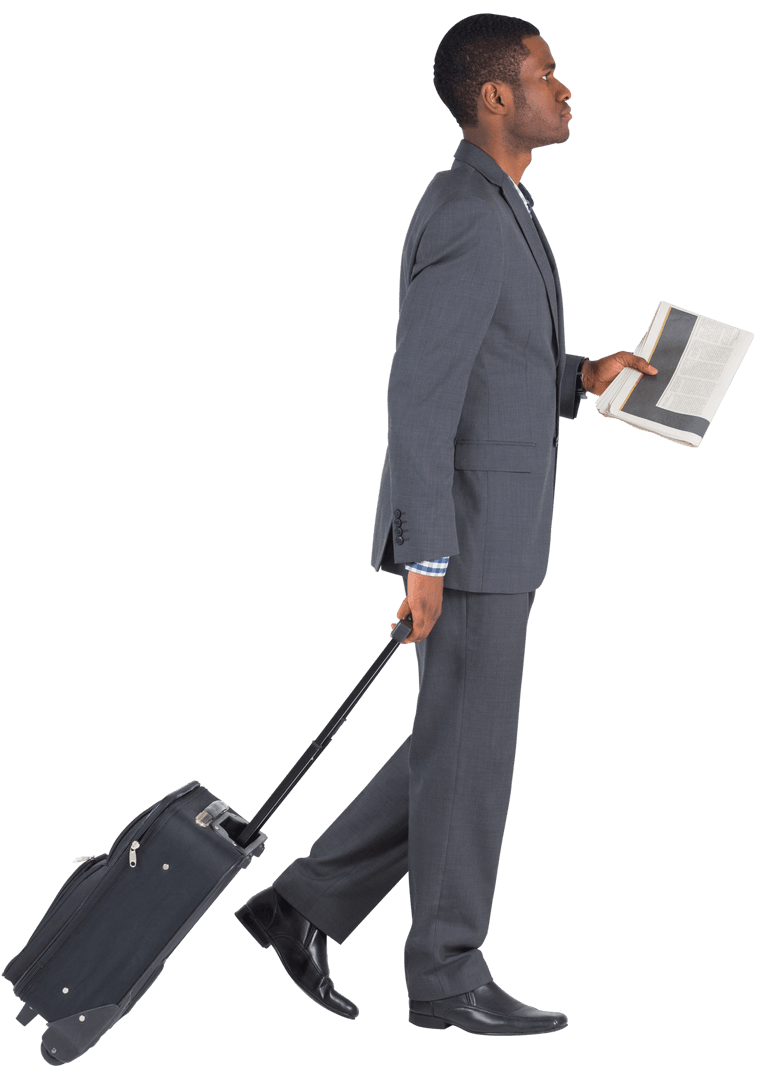 Young Professional Man Pulling Suitcase Holding Magazine Transparent