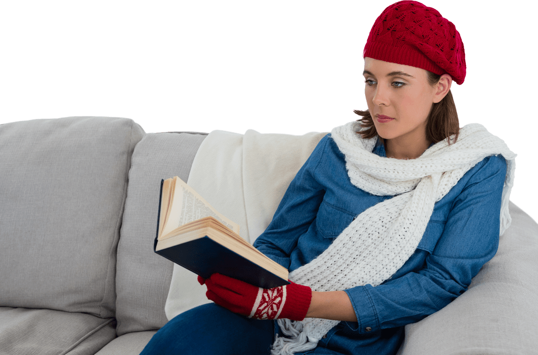 Woman Reading Book on Sofa Wearing Warm Clothes on Transparent Background