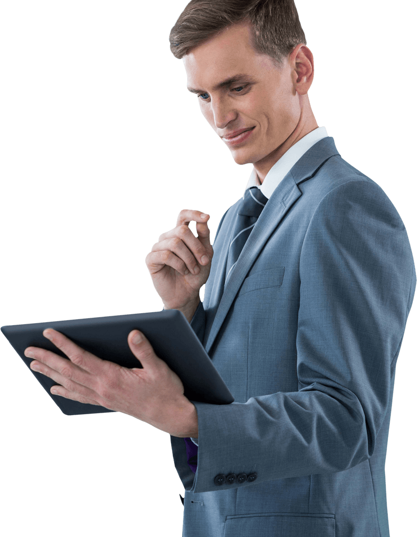 Transparent Businessman Enthusiastically Reviewing Digital Tablet