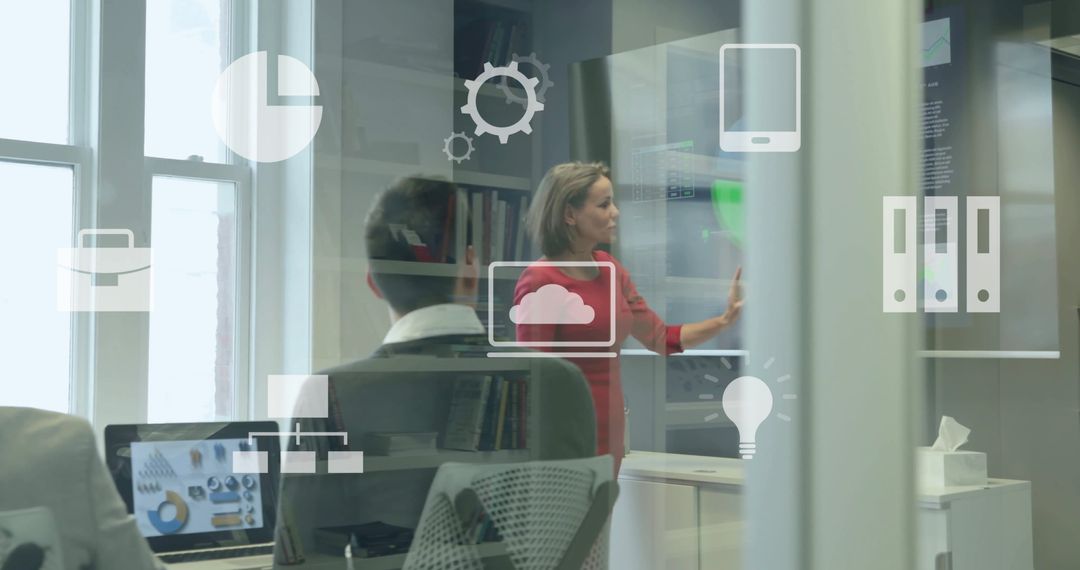 Data Analysis Presentation in Modern Office with Digital Overlays