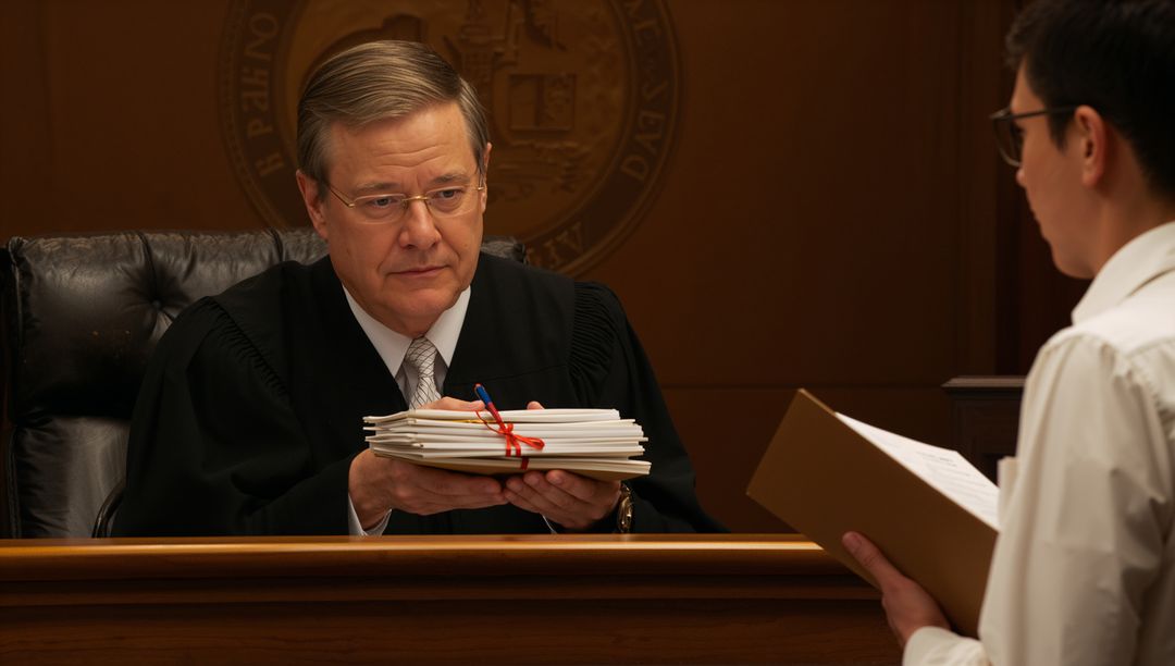 Respectful judge handing ribbon-tied legal files to clerk across formal courtroom bench