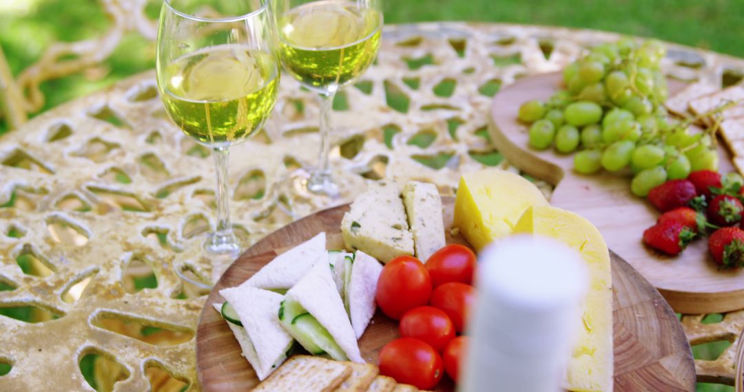 Outdoor Picnic Table with Wine, Cheese, and Fresh Produce - Free Images, Stock Photos and Pictures on Pikwizard.com