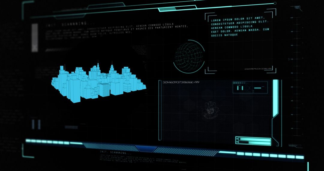 Futuristic Digital Interface with 3D City Model and Data Analysis