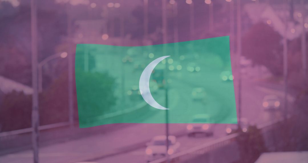 Floating Crescent Flag Over Urban Highway at Dusk