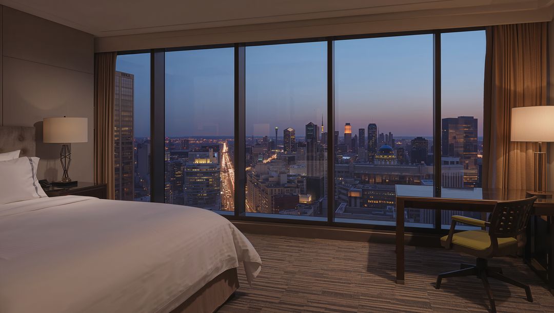 Luxury Hotel Room with Panoramic City Skyline View at Dusk, Floor-to-Ceiling Windows