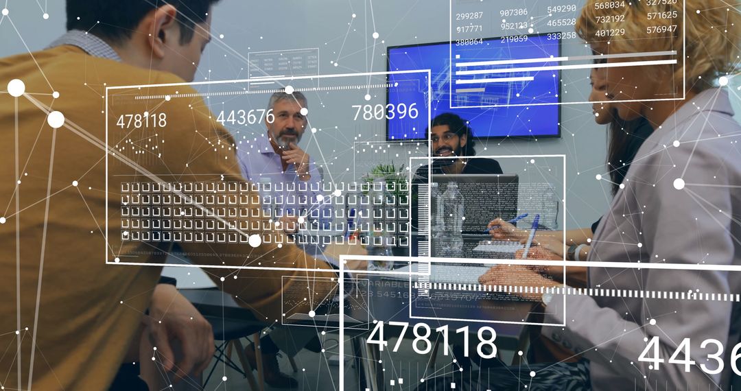 Diverse Team Collaborating on Digital Data Insights in Modern Office