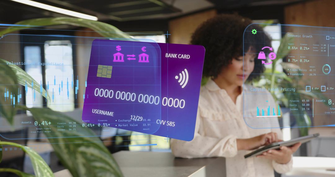 Businesswoman Analyzing Financial Data with Virtual Bank Card Interface