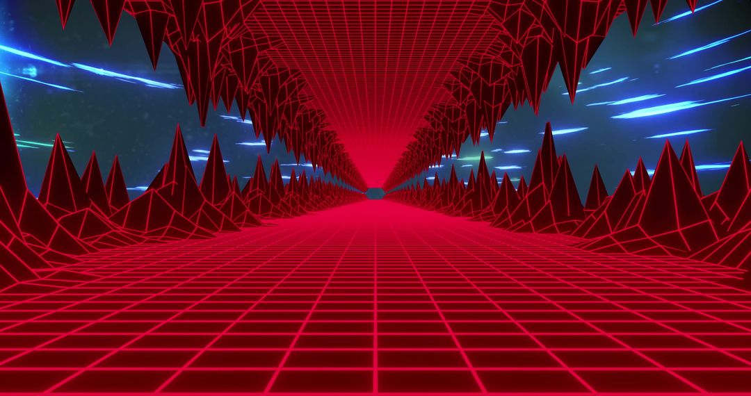 Futuristic Grid Tunnel with Geometric Peaks and Cosmic Background