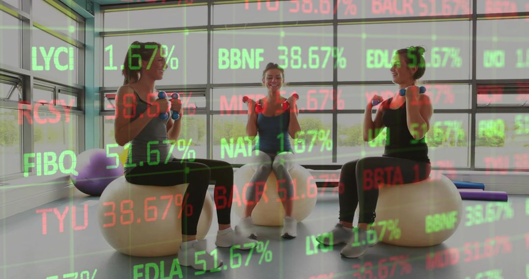 Three Women Performing Stability Ball Arm Curls with Dumbbells in Gym Stock Ticker Overlay