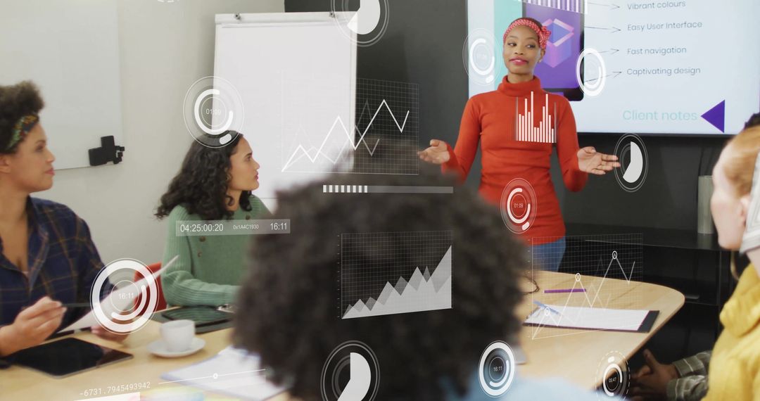 Diverse Team Discussing Growth Analytics Amidst Digital Interface