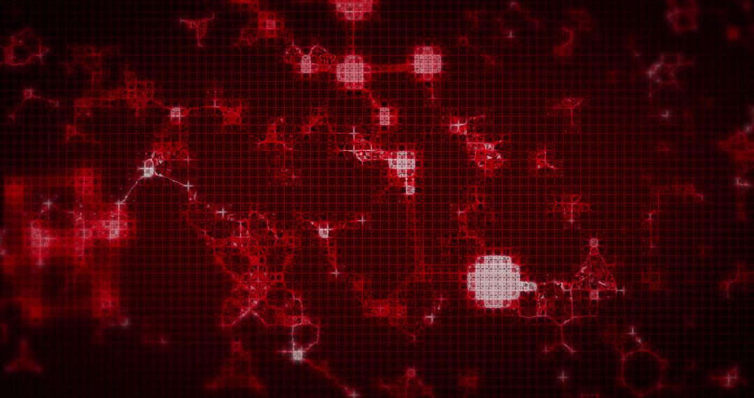 3D Glowing Pixelated Molecules on Red Digital Background