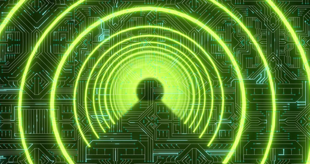 Neon Silhouette in Technological Network Grid