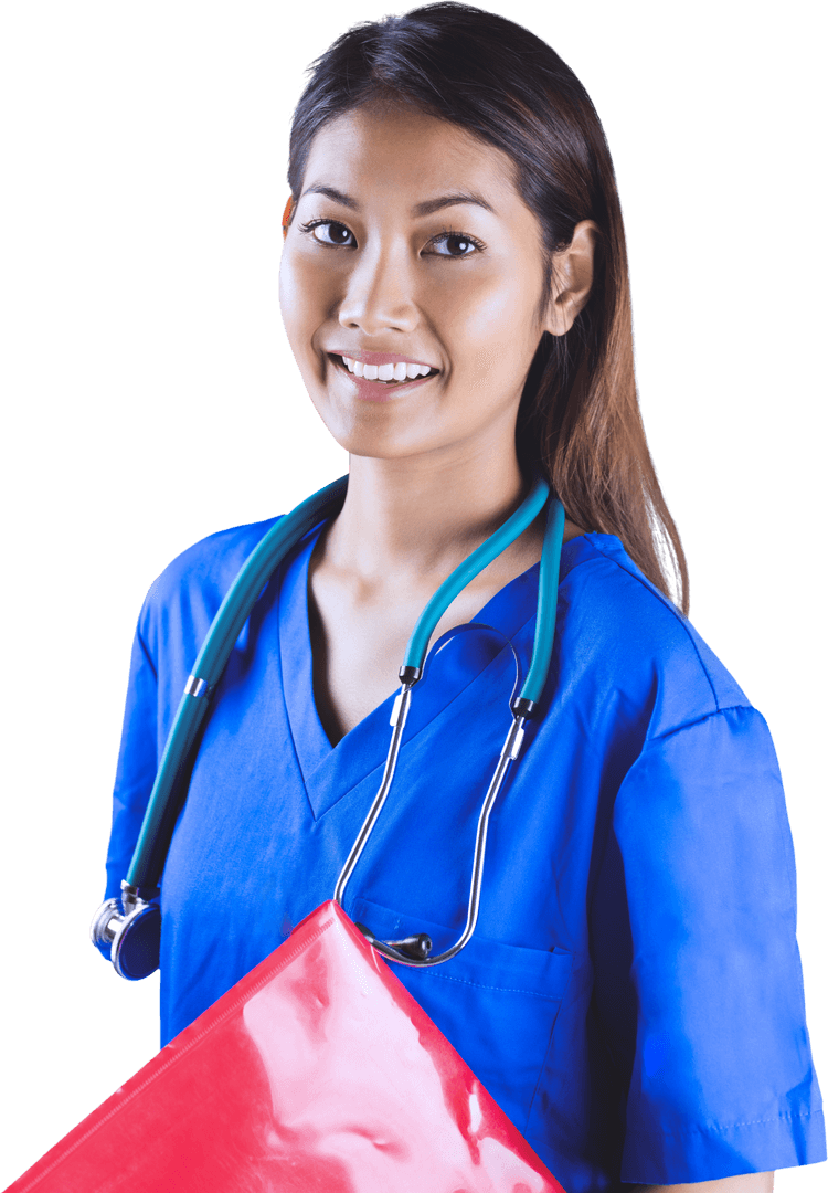Transparent Asian Nurse with Stethoscope Holding Binder