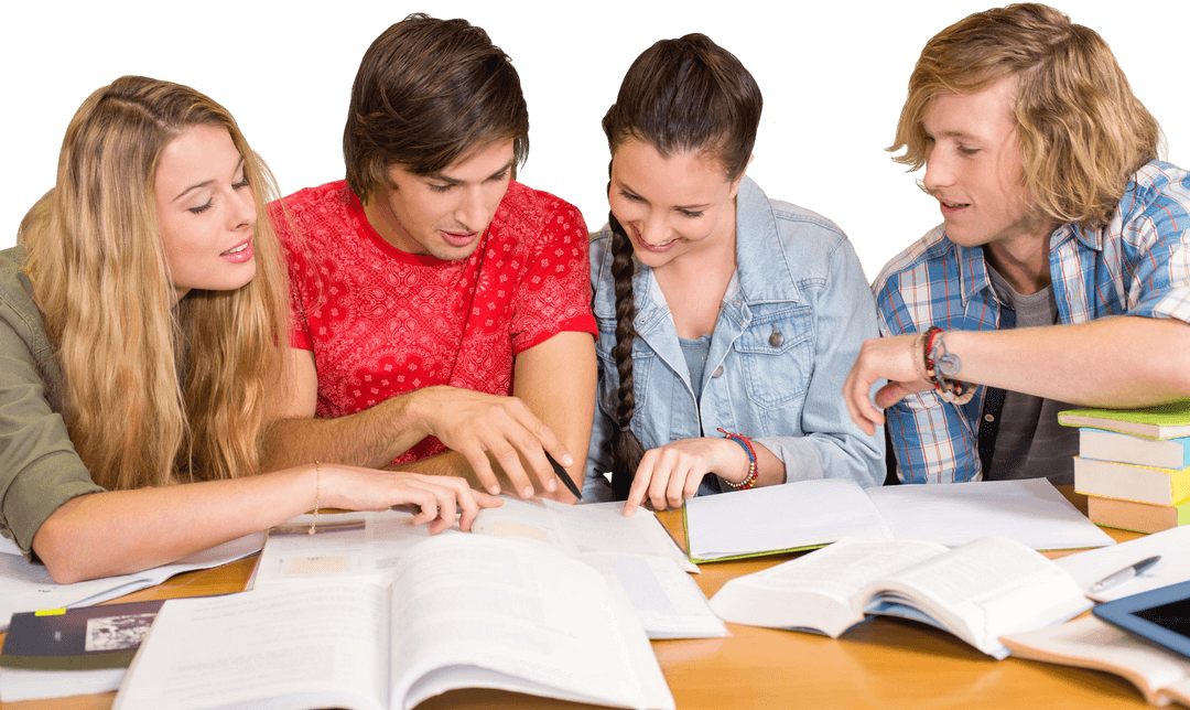 Diverse Group of Students Collaborating in Transparent Library