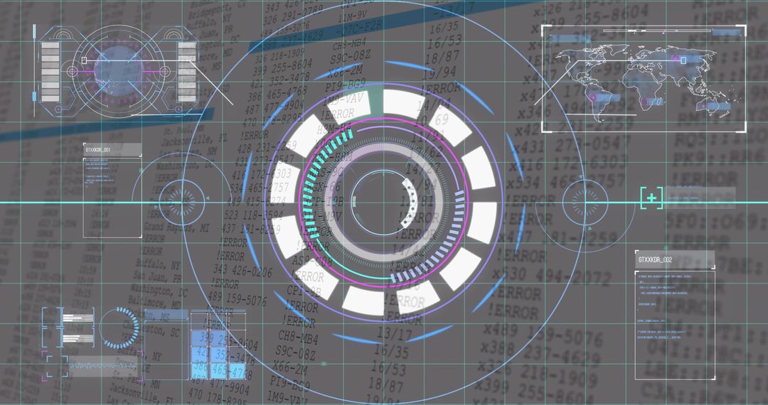 Futuristic HUD Interface with Multi-Ring Reticle, World Map Readouts, Neon Cyber Dashboard