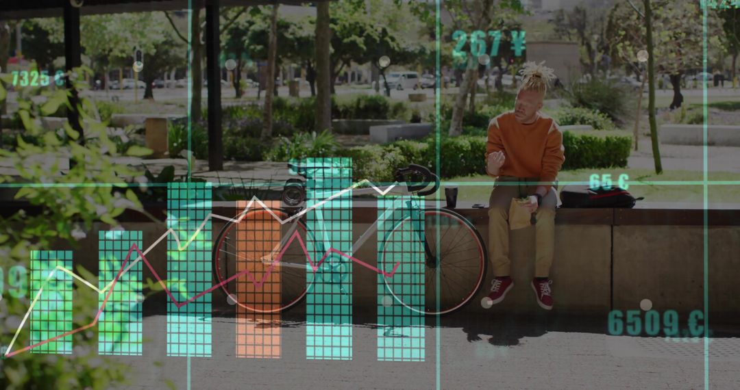 Urban commuter checking smartphone with bicycle and financial data overlay in sunlit plaza