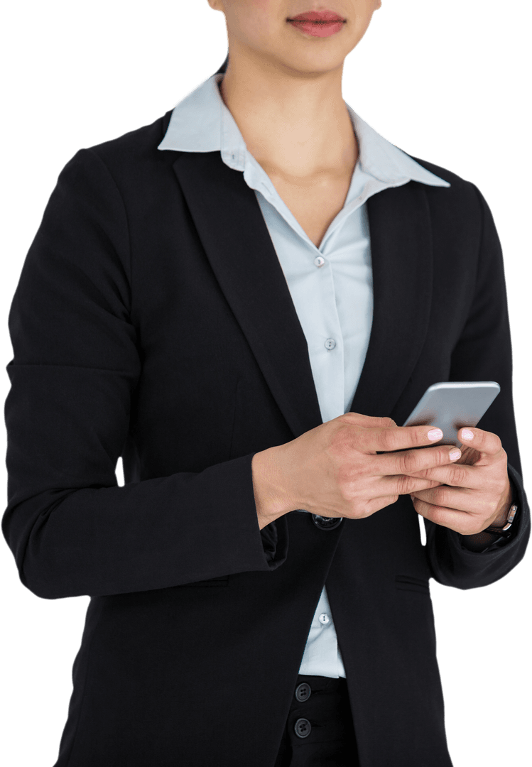 Transparent Businesswoman Texting With Smartphone in Black Suit
