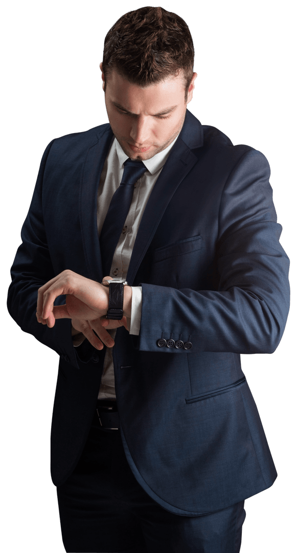 Transparent Businessman in Suit Checking Time on Watch