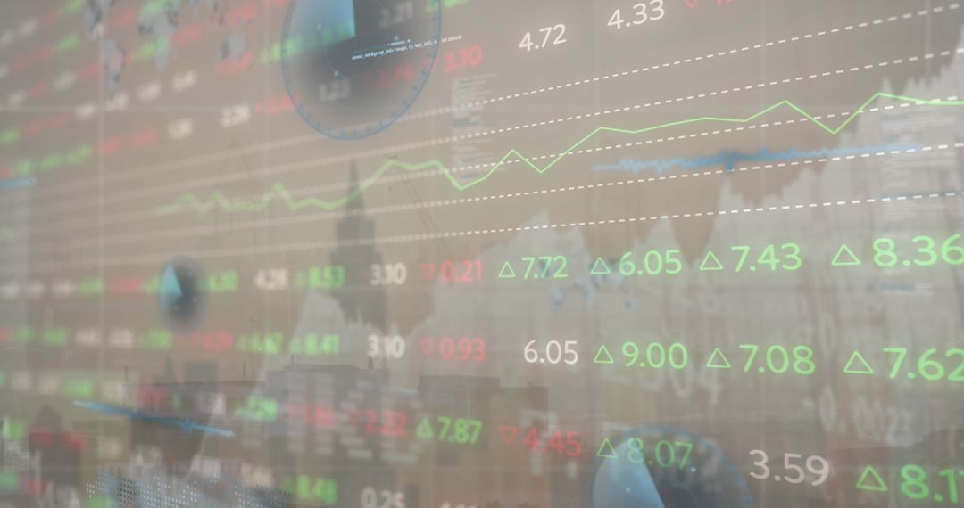 Futuristic Financial Data Overlay with Line Graphs in Corporate Trading Office