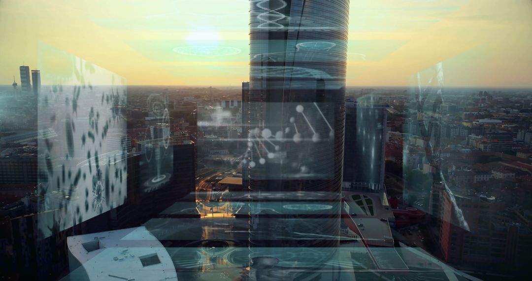 Futuristic Holographic Overlays on Skyscraper at Sunset