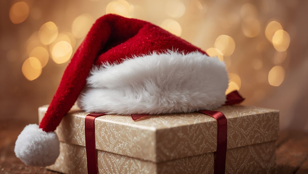 Draping Santa Hat Over Gold Gift Box with Red Ribbon and Warm Bokeh Lights