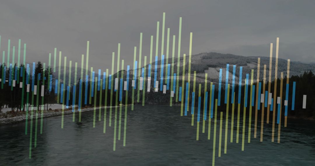 Riverside Mountain Scene with Data Bars Overlay