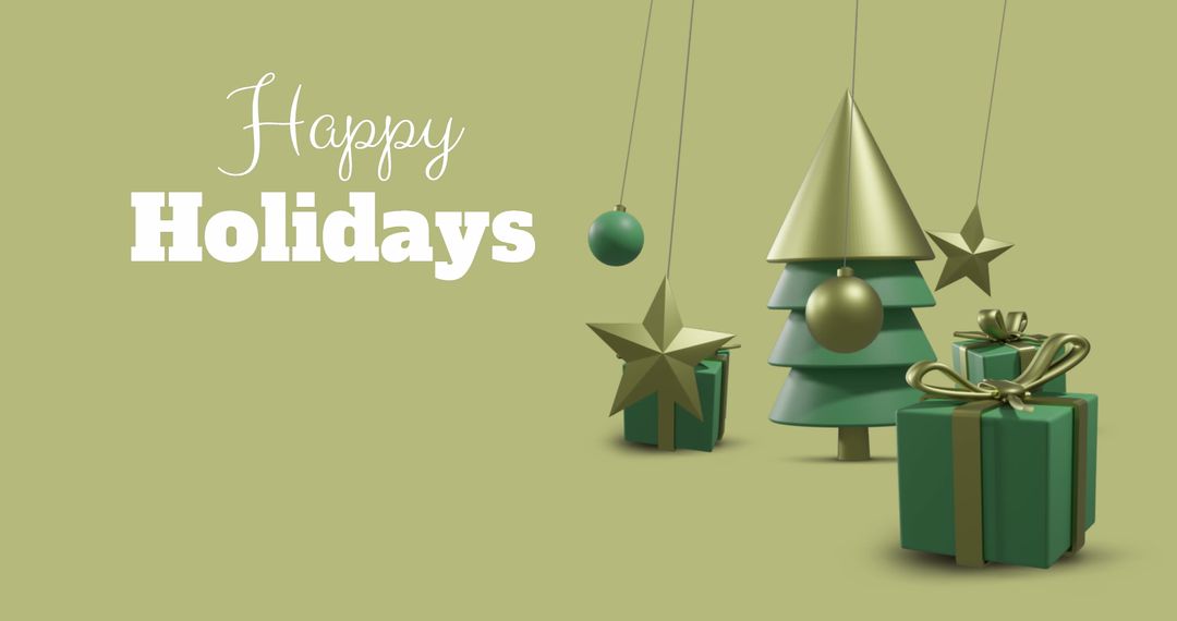 Happy Holidays Festive Green Christmas Decorations on Yellow