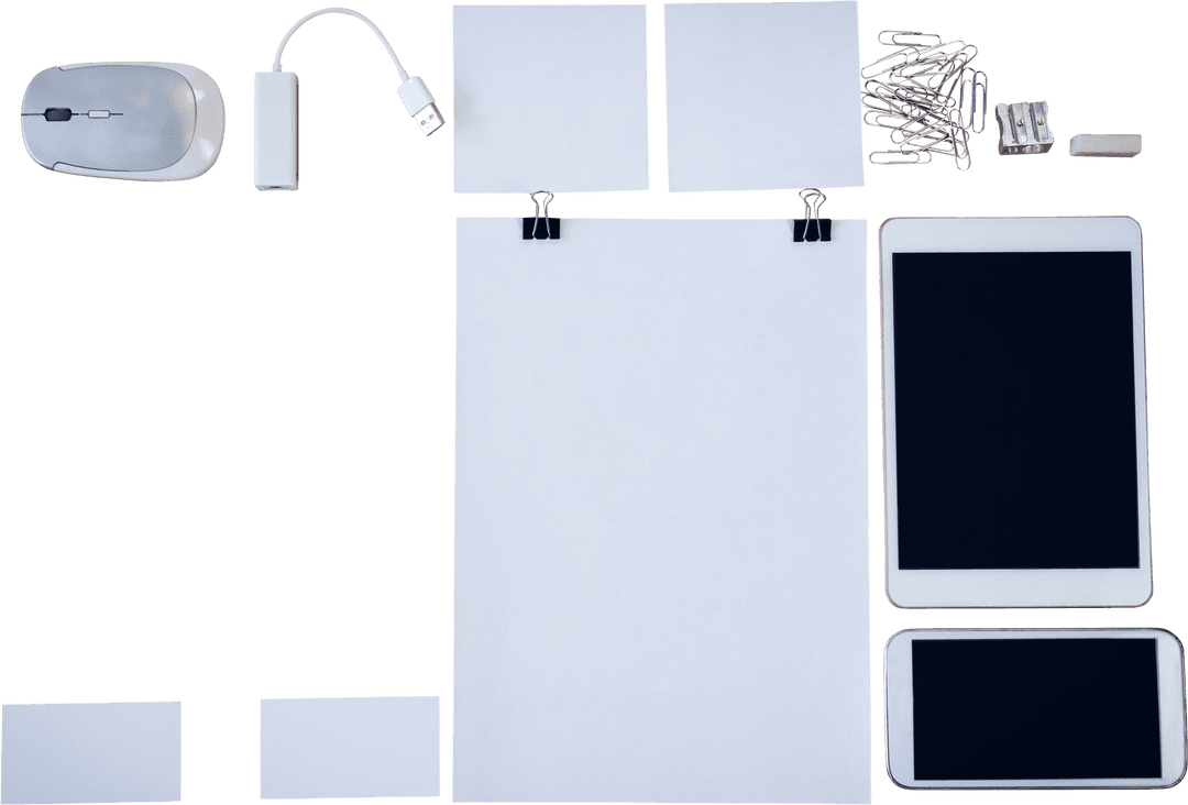 Transparent Background Office Supplies Layout with Devices and Blank Papers