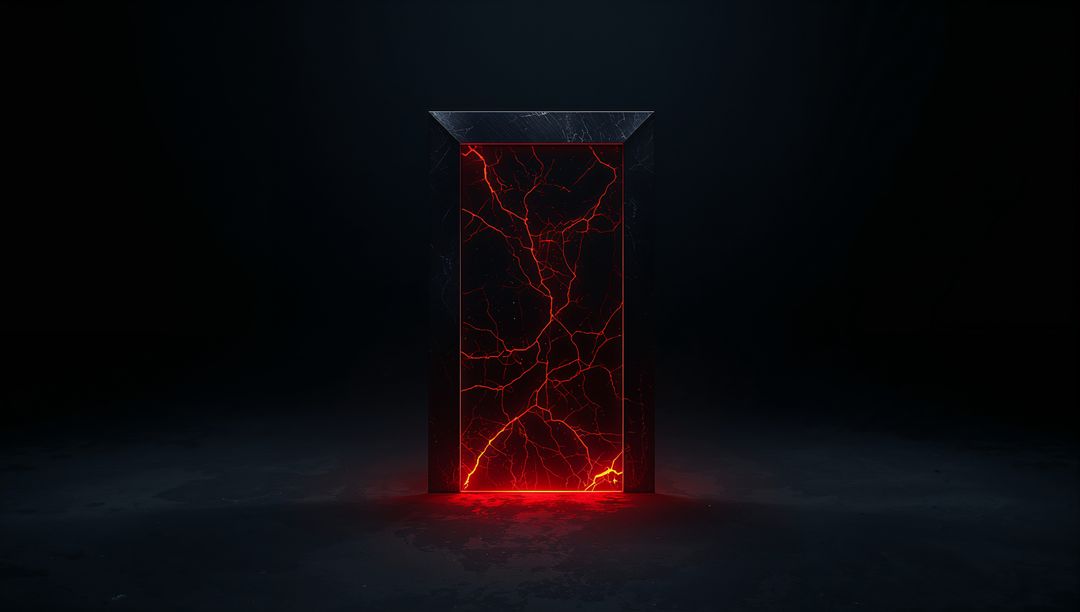 Mysterious Glowing Portal with Red Fissures in Dark Room