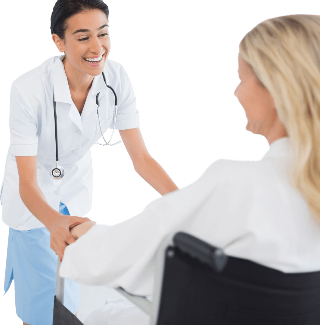 Smiling Doctor Assisting Wheelchair Patient on Transparent Background