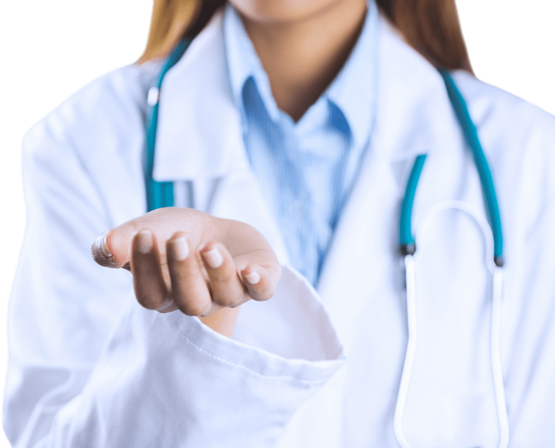 Transparent Female Doctor Offering Support with Open Hand Gesture