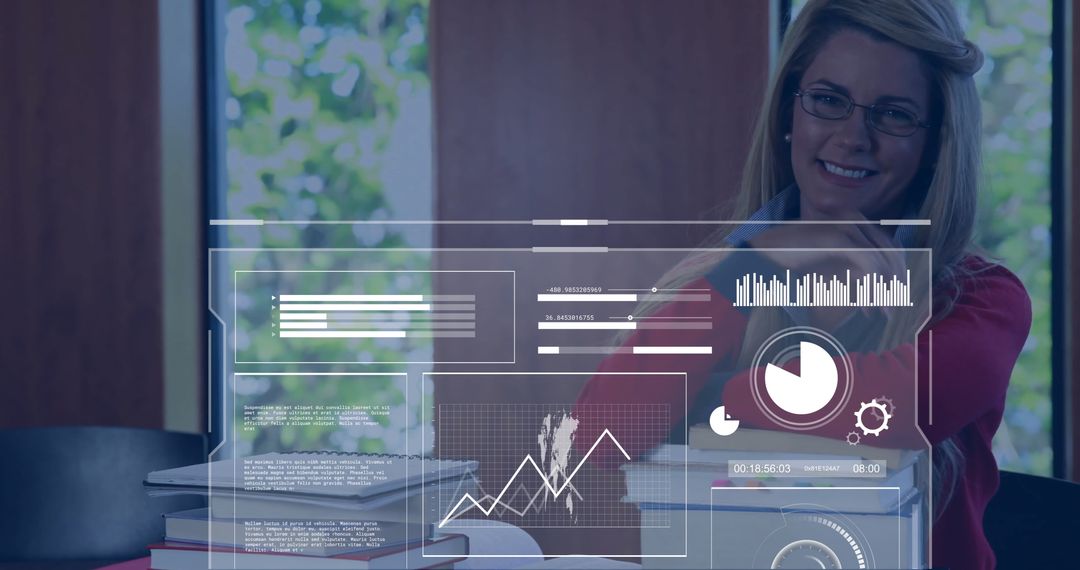 Female Student Analyzing Digital Data at Desk with Books